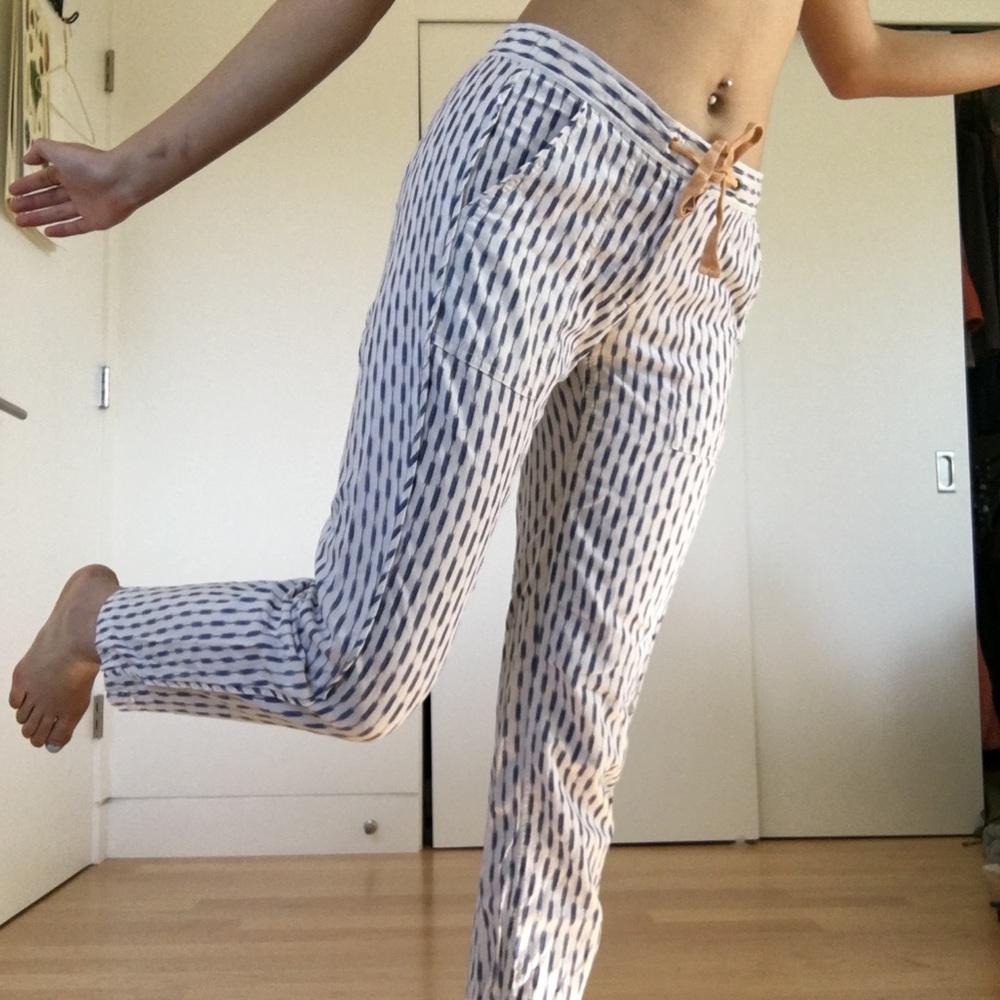 modern blue and white patterned pants